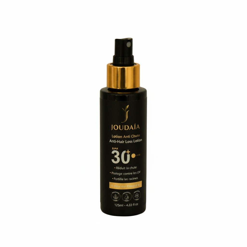Lotion anti-chute sans rinçage SPF 30 – Joudaïa Procapil 3+ dans flacon noir étiquette or, pulvérisation cuir chevelu.