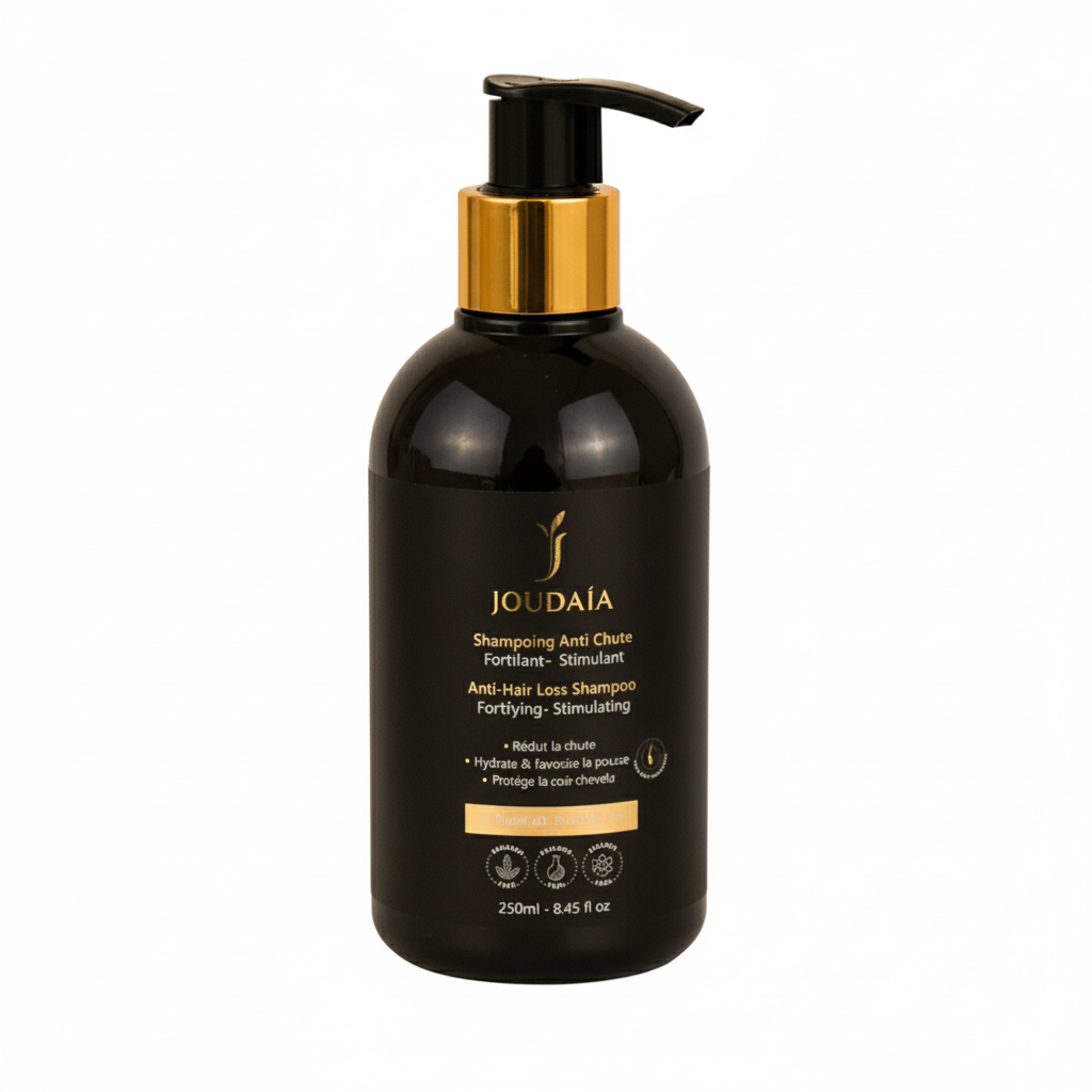 Flacon noir étiquette or du shampoing anti-chute premium Joudaïa – Procapil 3+ sans sulfates, texture légère.