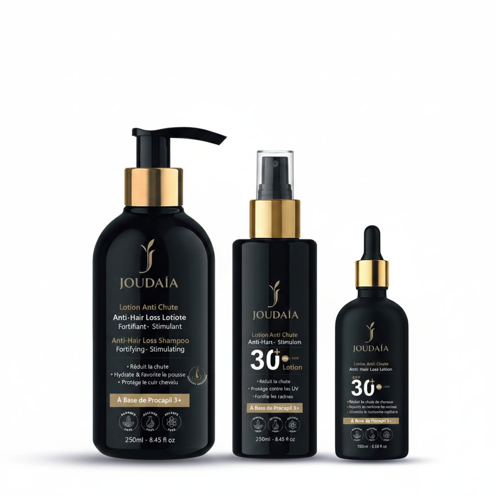 Pack Anti-Chute JOUDAÏA – Routine Complète 3 Étapes (Shampoing 250ml + Lotion SPF 30+ 125ml + Huile 100ml)