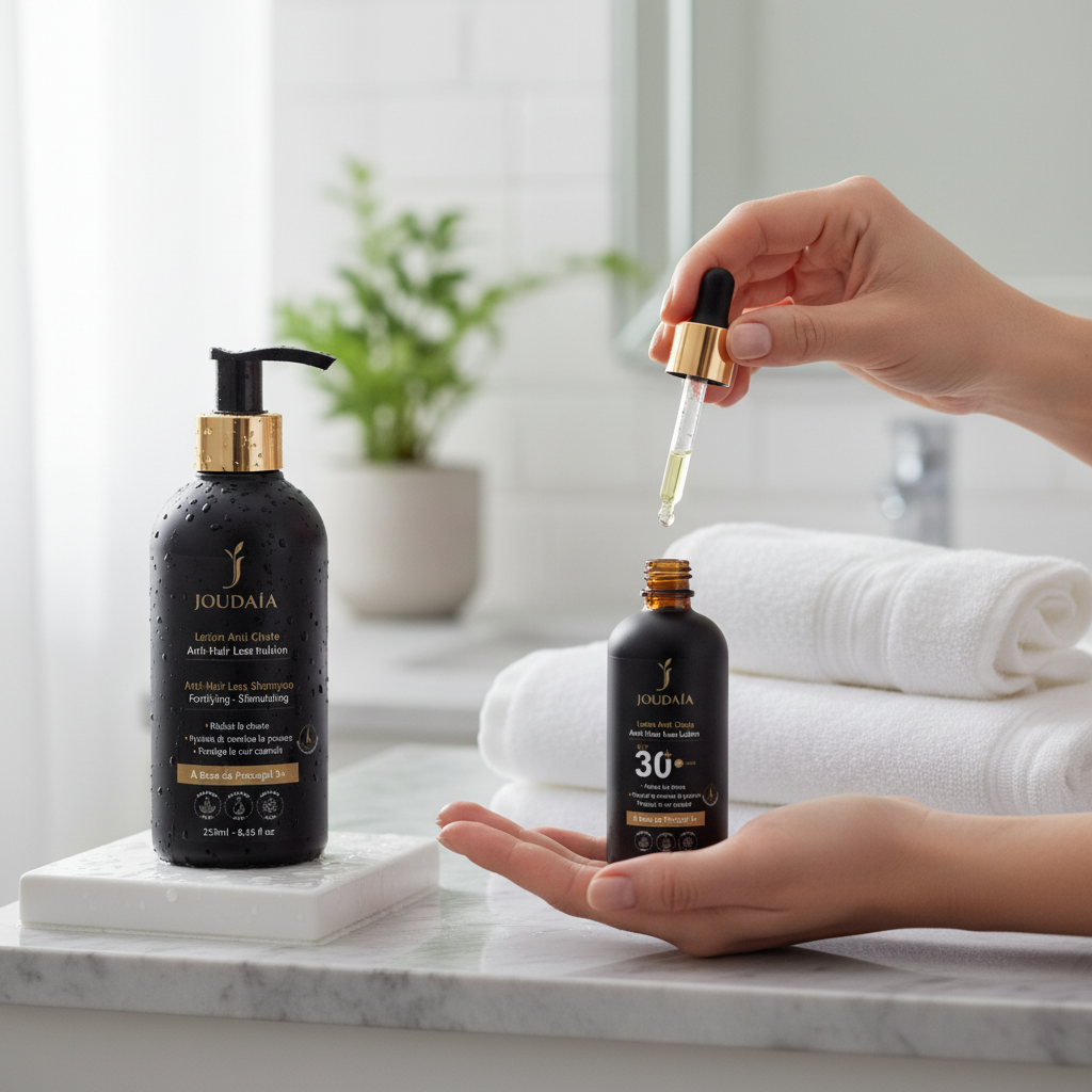 Pack Anti-Chute JOUDAÏA – Routine Complète 3 Étapes (Shampoing 250ml + Lotion SPF 30+ 125ml + Huile 100ml)